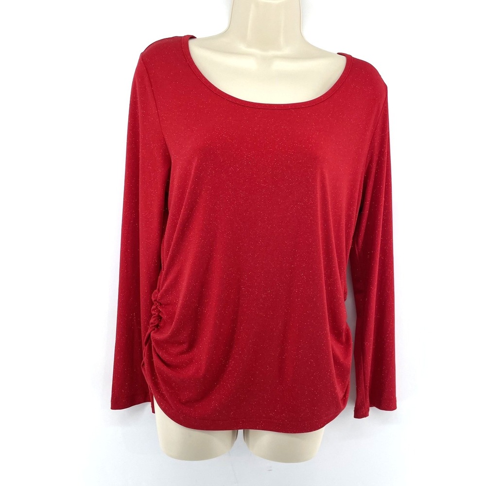 Lisa International Top S Red Sparkle Glitter Ruched Sides Valentines Elevated‎